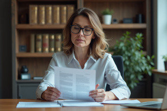 Femme d'affaires concentrée examinant des documents