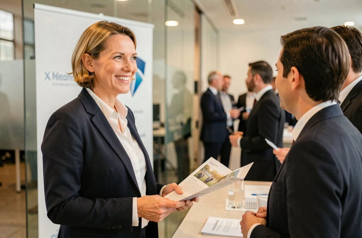 Femme entrepreneur française accueillie à l'accueil d'un événement professionnel gratuit pour booster son réseau