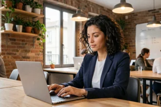Femme entrepreneur travaillant dans un espace de coworking moderne à Martigues, assise à un bureau partagé avec son ordinateur portable