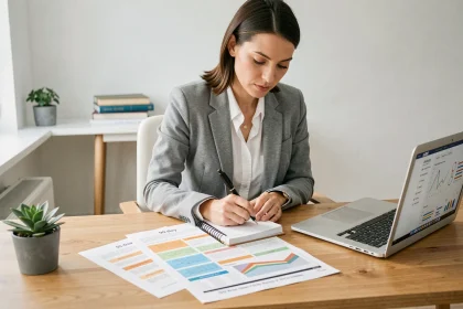 Femme entrepreneur planifiant son plan d'action sur 90 jours dans un carnet structuré à son bureau minimaliste