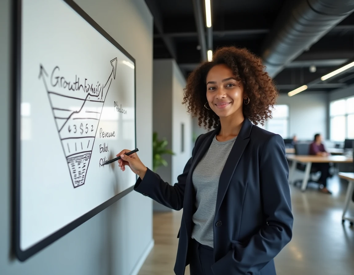 Femme entrepreneur présentant une stratégie de croissance rentable sur tableau blanc dans un espace de coworking moderne