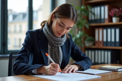 Femme professionnelle remplissant un formulaire dans un bureau moderne