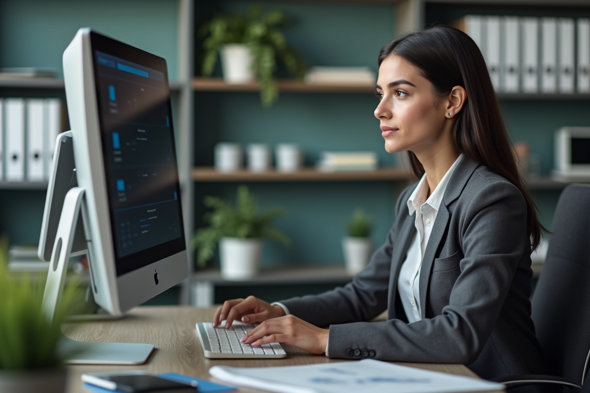 Jeune femme CRM concentrée sur son ordinateur dans un bureau ouvert