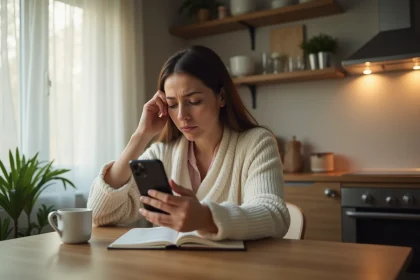 Femme en pyjama assise dans sa cuisine qui hésite à envoyer un message à son employeur pour s'absenter du travail