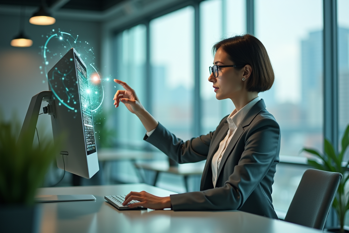 Femme d'âge moyen utilisant une interface holographique au bureau