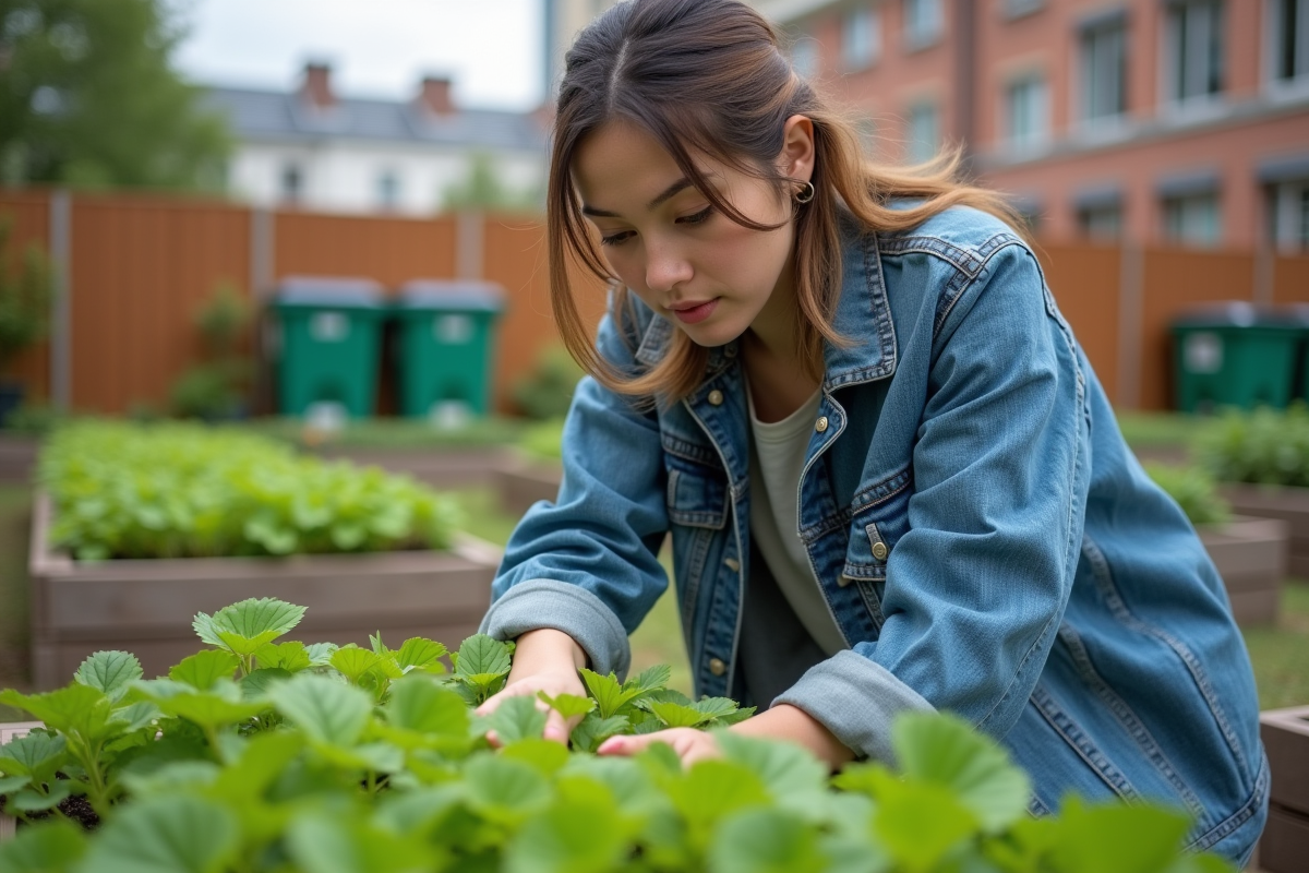 Jeune femme examine une plante dans un jardin urbain