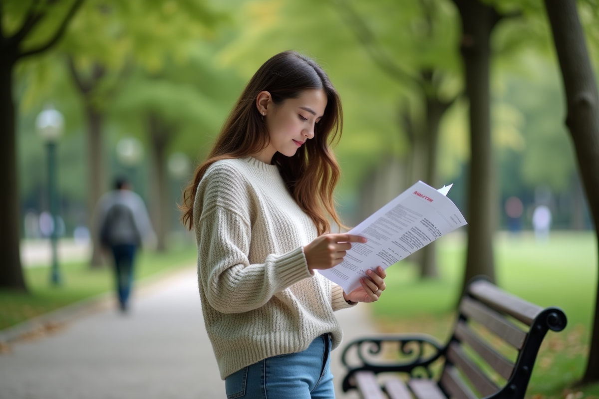 Jeune femme lisant un rapport dans un parc