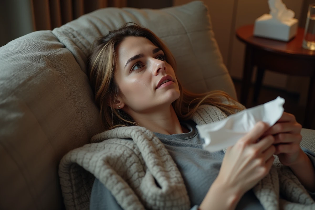 Femme allongée sur un canapé tenant une lettre d'excuse pour absence au travail avec une expression pensive