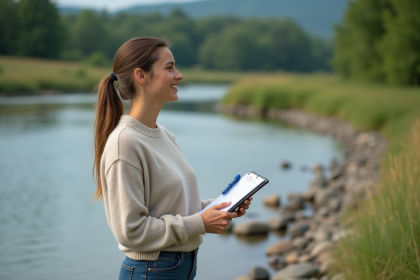Femme contemplant la rivière avec un carnet en main