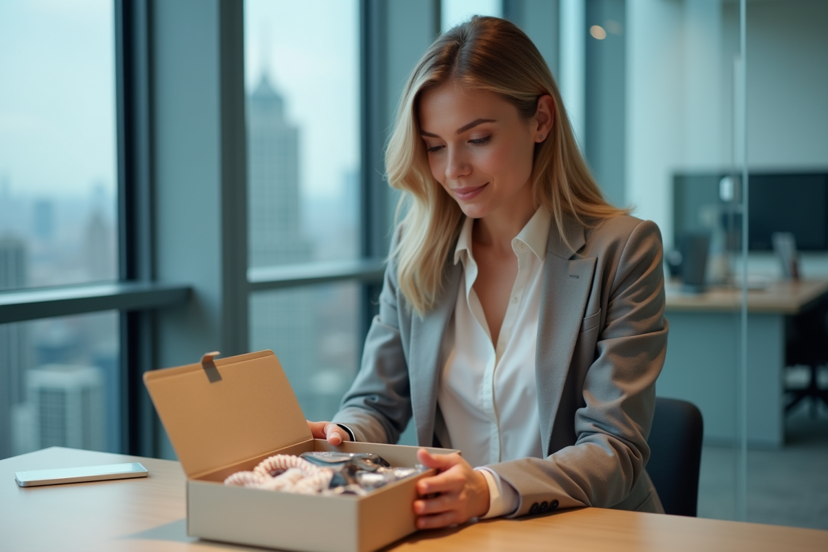 Jeune femme ouvrant un coffret cadeau en bureau professionnel
