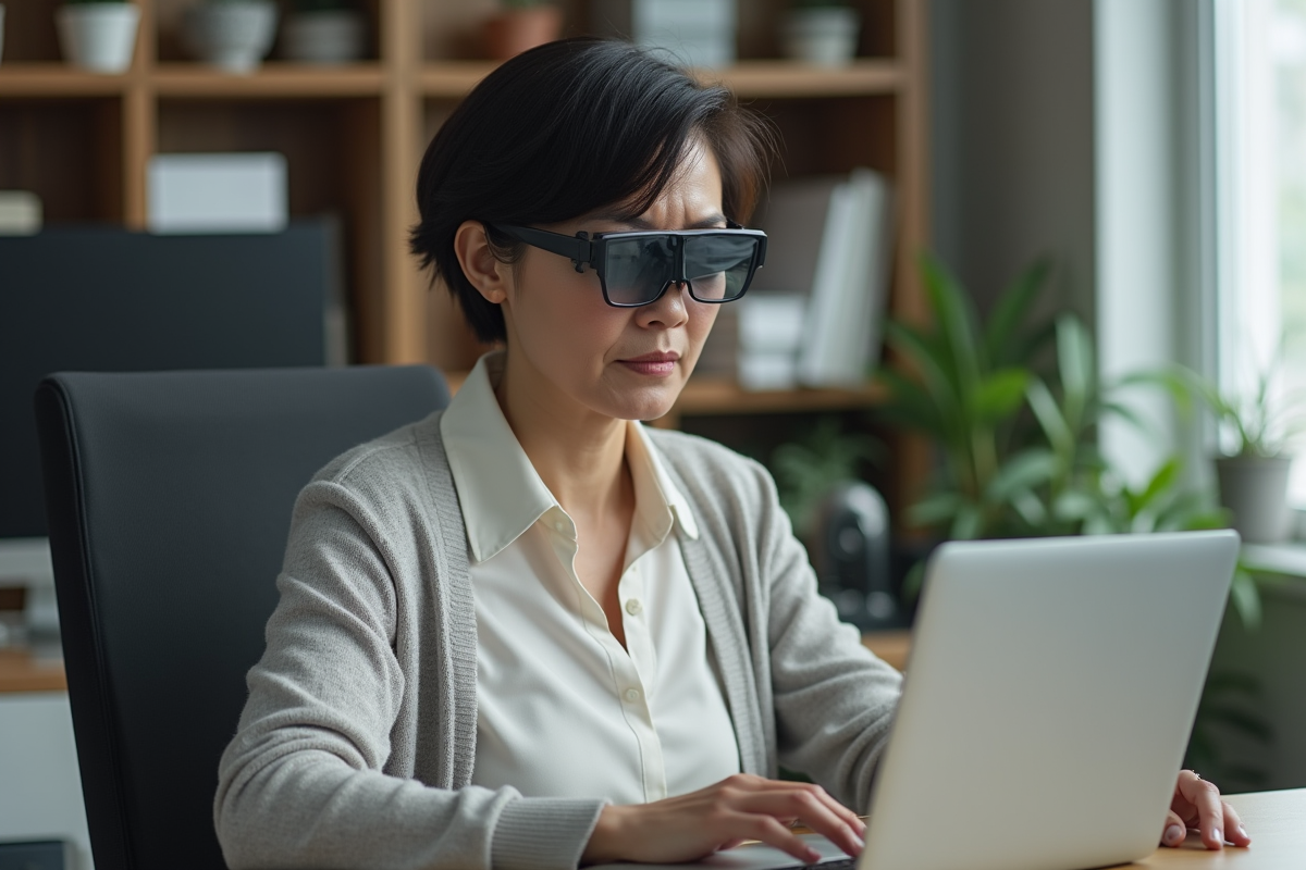 Femme d'âge moyen utilisant une loupe d'écran au bureau