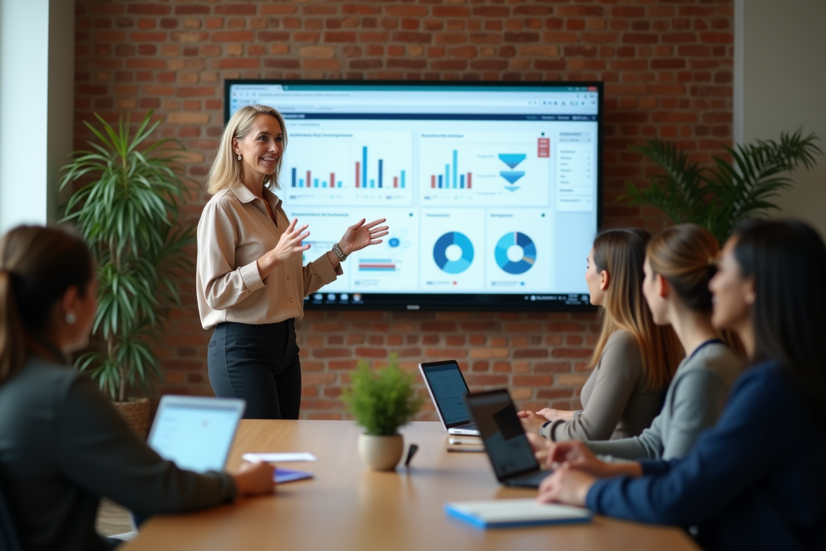 Femme en présentation d un CRM à une équipe en espace collaboratif