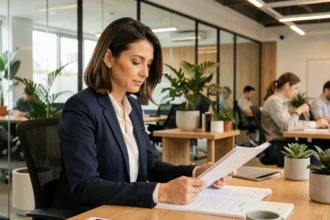 Professionnelle en portage salarial travaillant dans un bureau moderne, révisant des documents sur son bureau