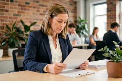 Femme professionnelle en portage salarial consultant ses documents de changement de statut dans un espace de coworking moderne