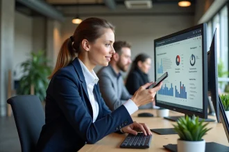 Femme professionnelle analysant des statistiques de réseaux sociaux et un magazine business en ligne dans un espace de coworking moderne