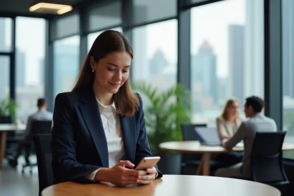 Femme en blazer navy utilisant son smartphone dans un espace coworking