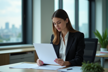 Femme en bureau contemplant une lettre de démission