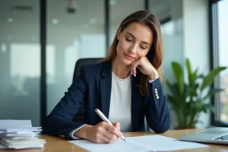 Femme professionnelle rédigeant une lettre de démission négociée à son bureau en entreprise