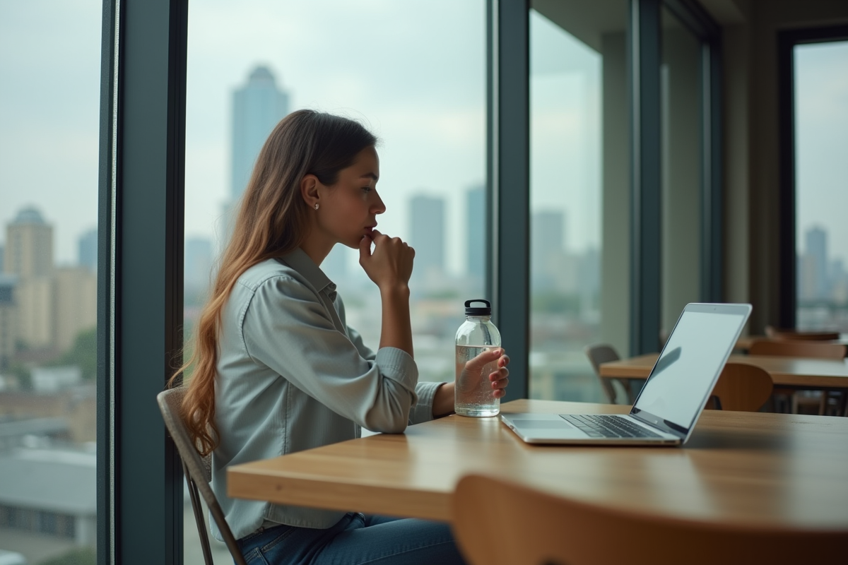 Jeune femme pensant près d une fenêtre dans un espace de coworking