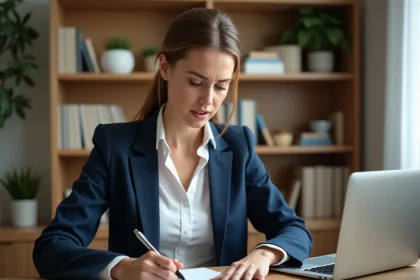 Femme en veste bleue relisant un devis signé avec acompte à son bureau avant de rédiger une lettre de rétractation