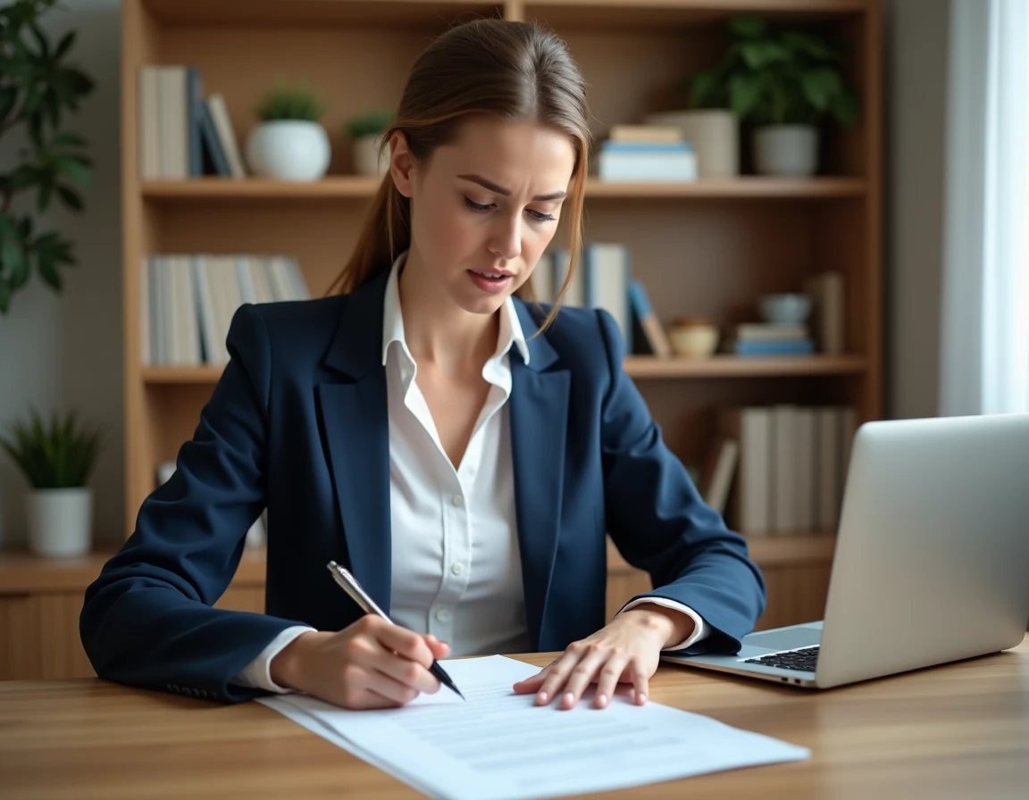 Femme en veste bleue relisant un devis signé avec acompte à son bureau avant de rédiger une lettre de rétractation