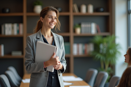 Femme en réunion d'affaires avec dossier dans une salle moderne