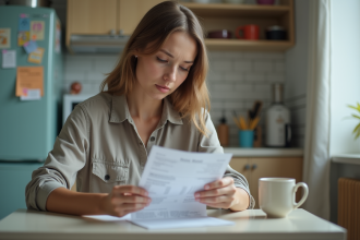 Jeune femme examine son bulletin de salaire dans une cuisine lumineuse