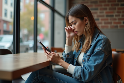 Jeune femme regardant son smartphone dans un café