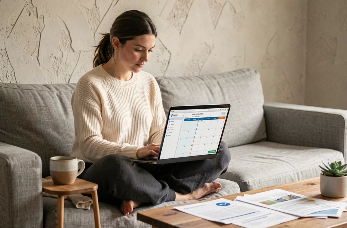Jeune femme travaillant sur un plan d'action business structuré en 90 jours depuis son salon confortable