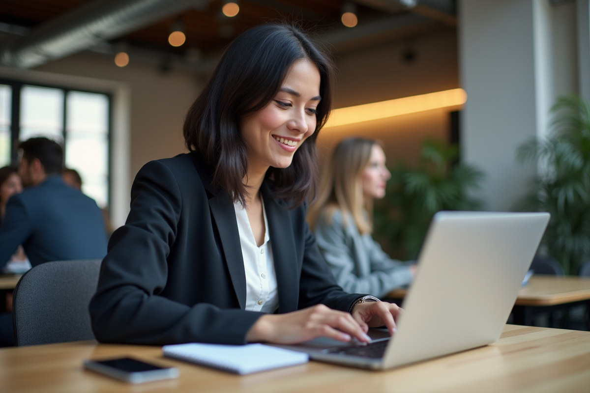 Femme utilisant un ordinateur portable dans un espace de coworking