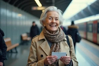 Femme âgée souriante dans une gare moderne avec train en arrière-plan
