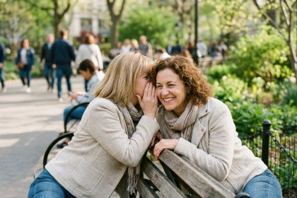Deux femmes d'&acirc;ge moyen souriantes dans un parc urbain