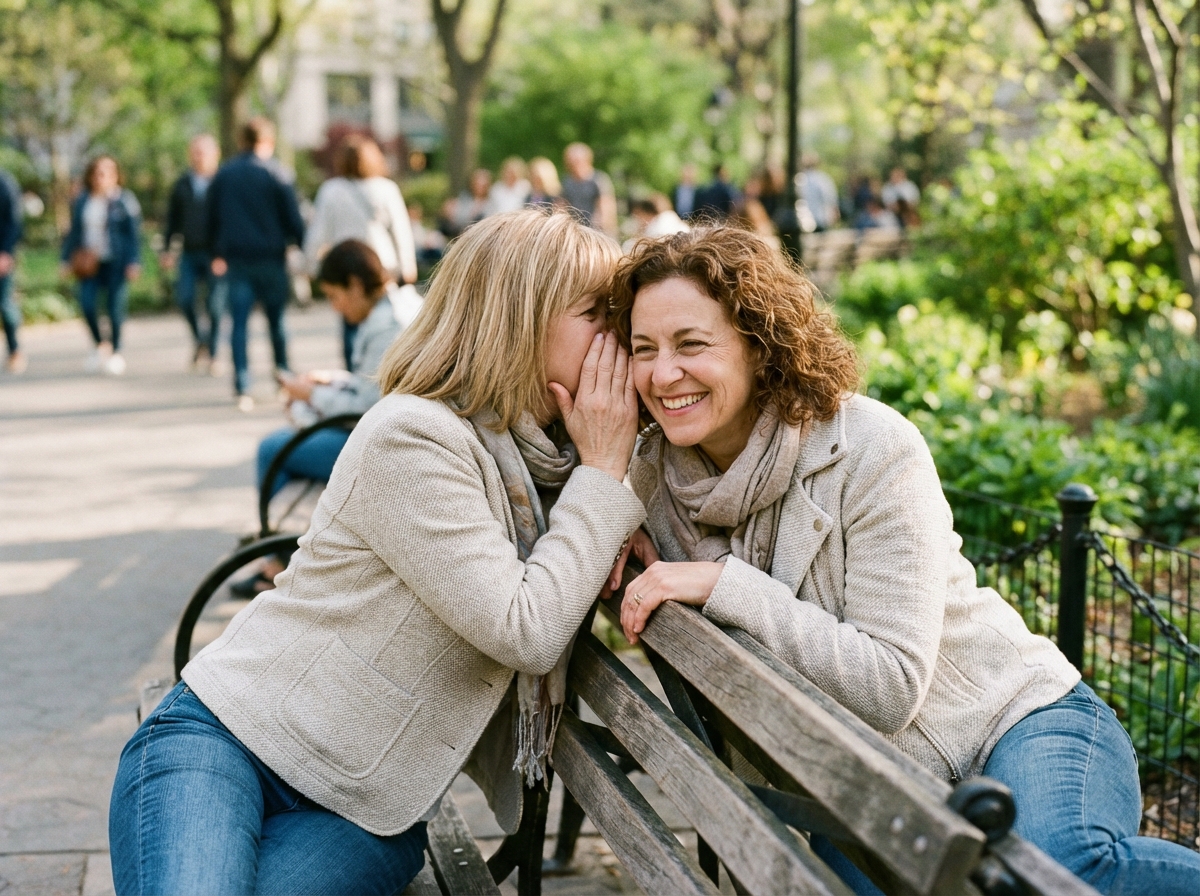 Deux femmes d'âge moyen souriantes dans un parc urbain