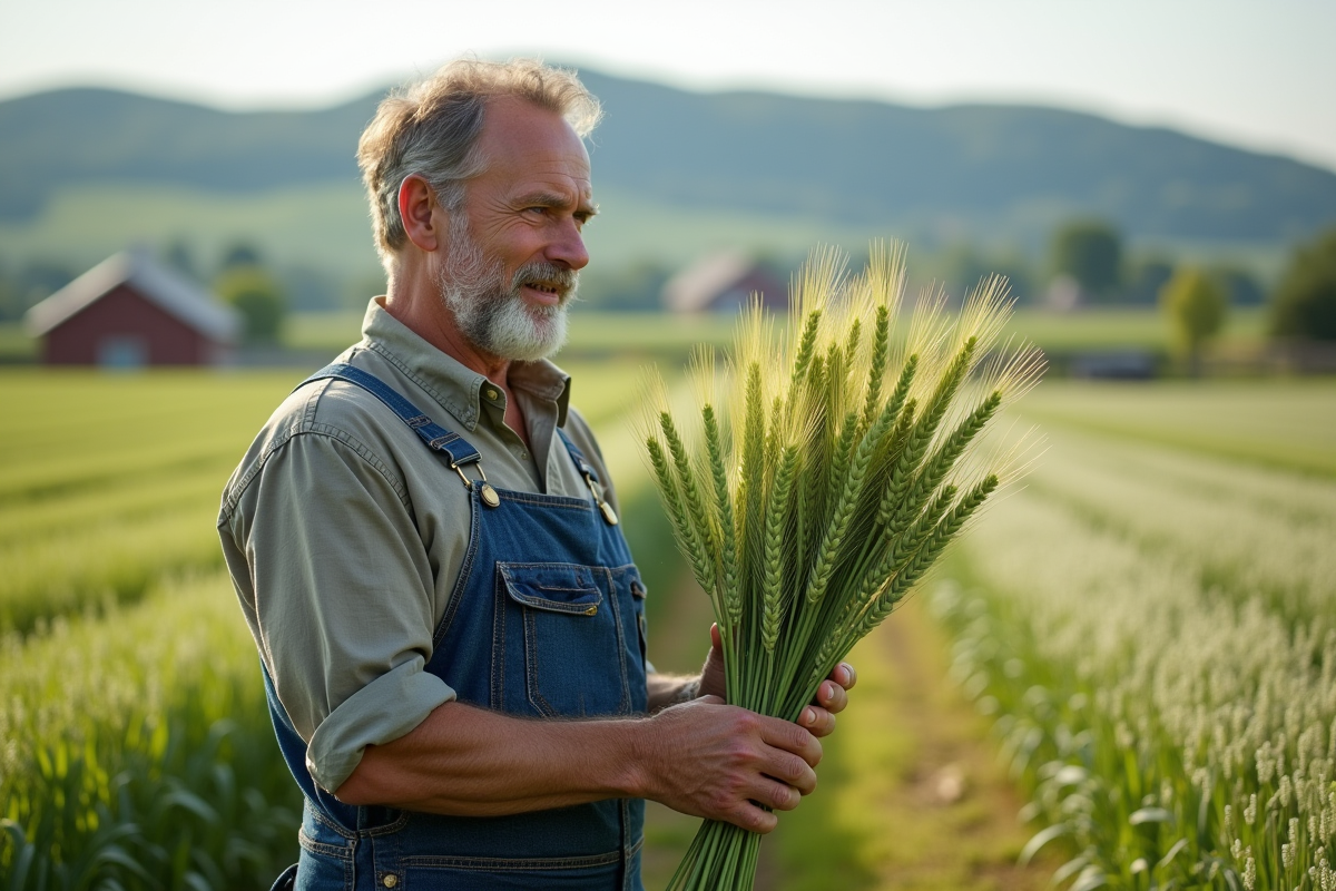 Fermeur inspectant des épis de blé vert sain dans un champ rural