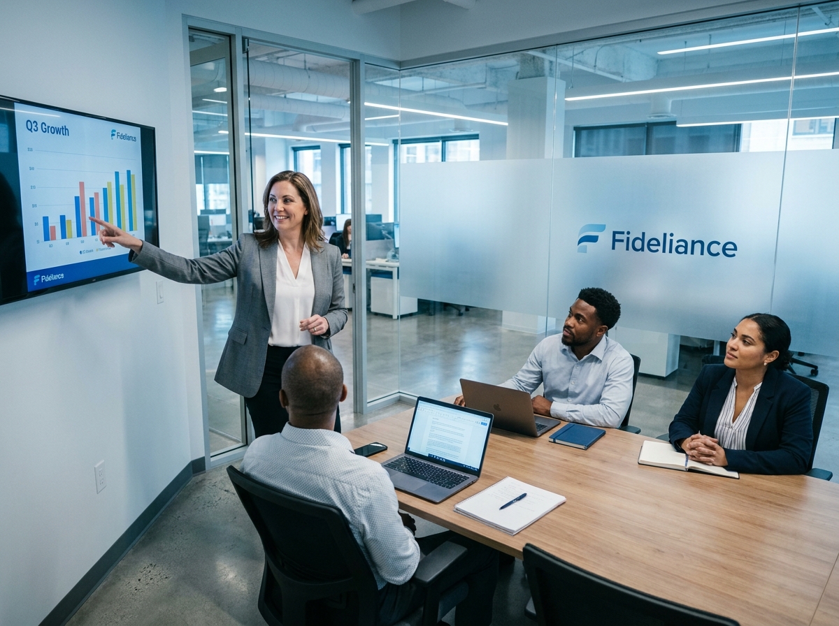 Une comptable de Fideliance animant une réunion professionnelle dans un bureau moderne à Serris