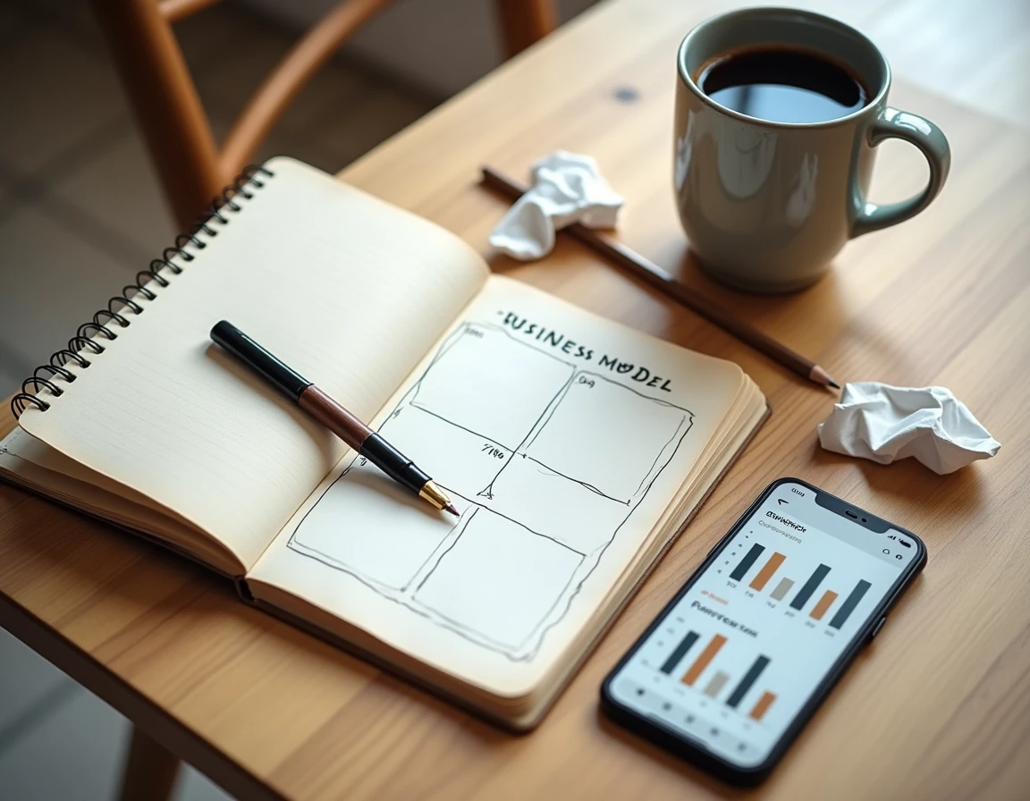 Flat-lay d'un carnet de business model, stylo plume et smartphone affichant un tableau de revenus croissants illustrant l'expansion d'une micro-idée