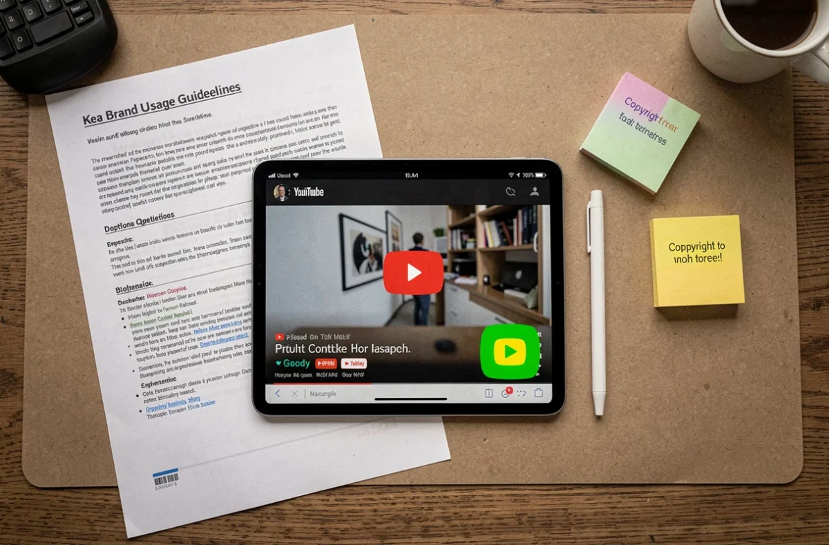Vue de dessus d'un bureau avec tablette montrant un logo de marque bricolage intégré dans une vidéo YouTube et des documents de droits d'utilisation