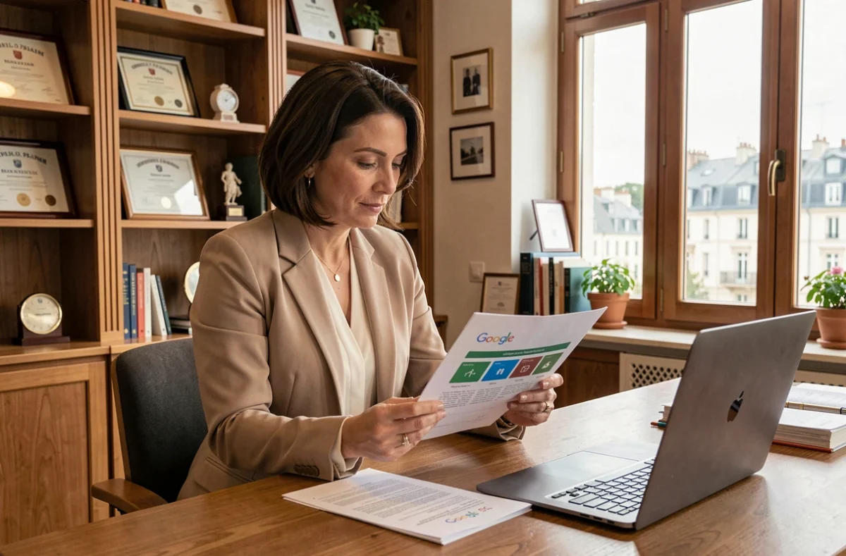 Consultante de l'agence Formadya Communication étudiant un rapport de campagne Google Ads dans un bureau professionnel