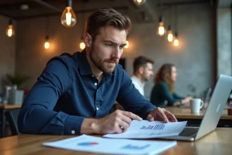 Entrepreneur en formation business analysant des documents de stratégie et des données terrain sur ordinateur portable dans un espace de coworking moderne