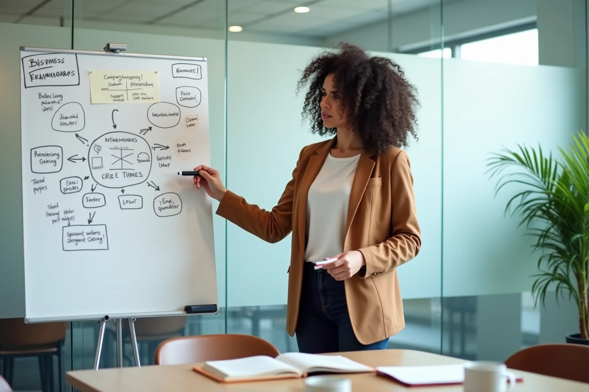 Formatrice en business présentant un cadre stratégique sur un tableau blanc lors d'un atelier de formation professionnelle en salle de réunion