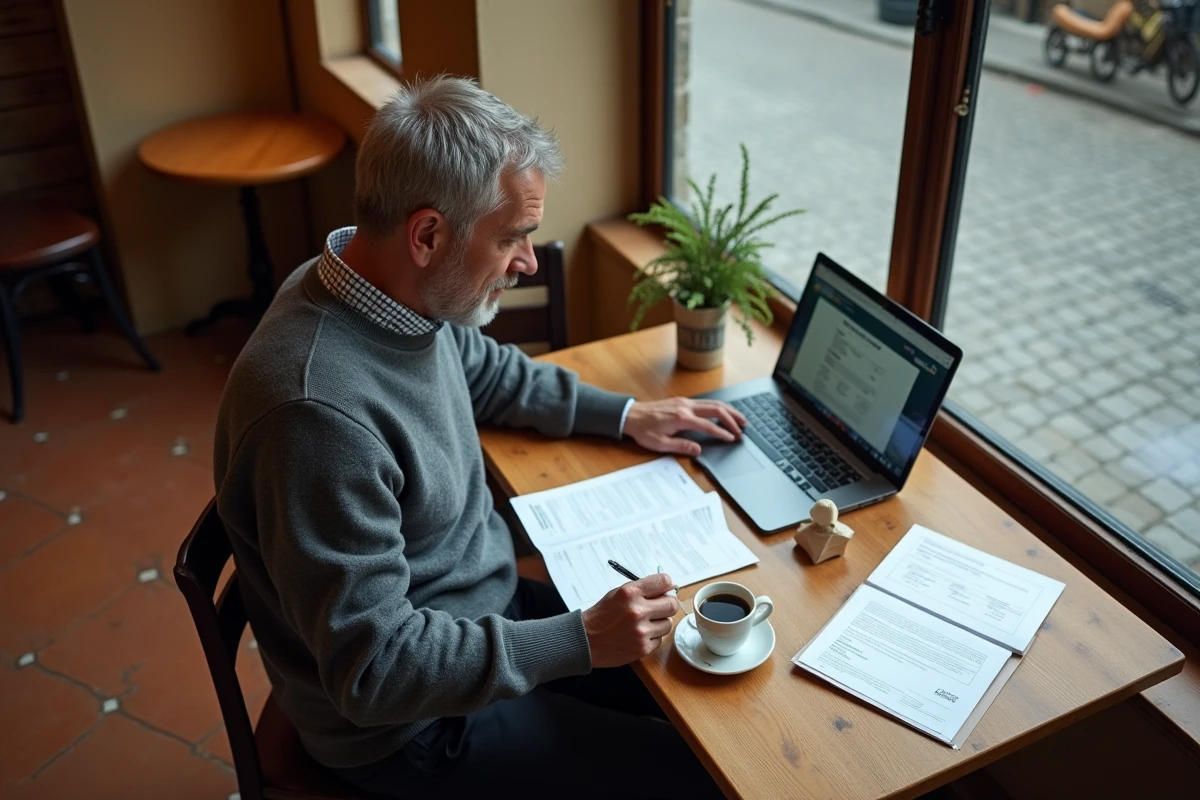 Entrepreneur remplissant des formulaires d'adhésion au réseau ESS dans un café de la région Midi-Pyrénées