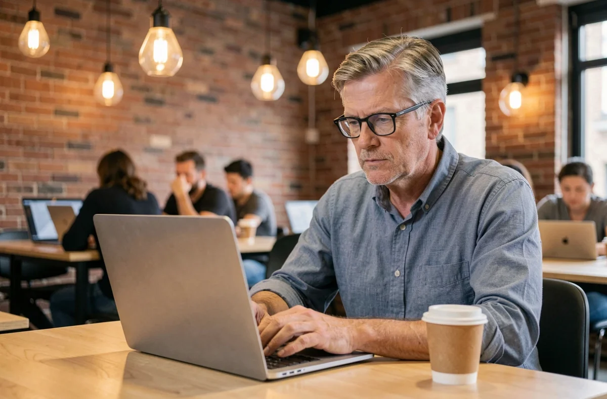 Travailleur indépendant en portage salarial concentré sur son ordinateur portable dans un espace de coworking urbain