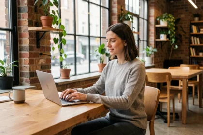 Freelance femme travaillant sur son ordinateur dans un espace de coworking moderne à Metz avec briques apparentes et mobilier en bois