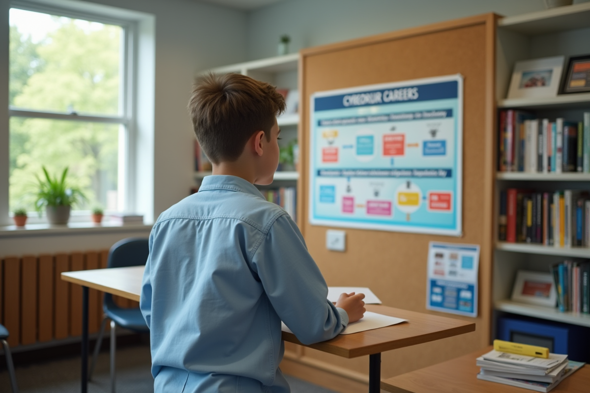 Garçon regardant une carte sur la cybersécurité au lycée