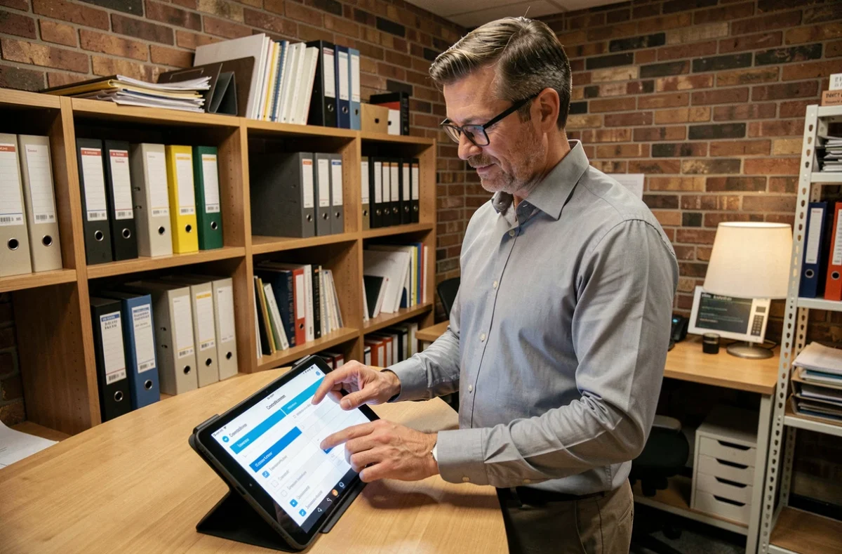 Gérant de commerce vérifiant les obligations réglementaires FDJ sur une tablette dans un bureau professionnel