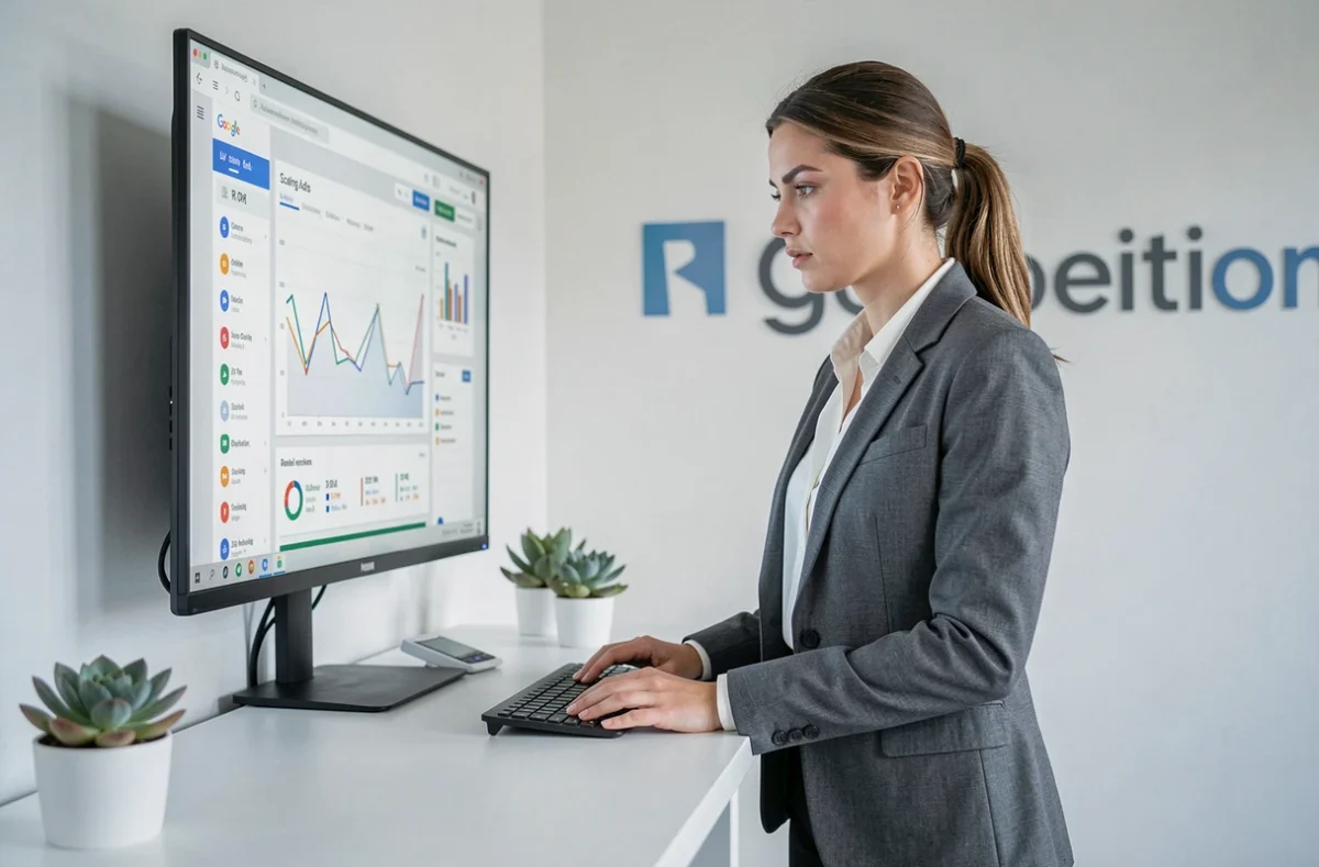 Stratège digitale de l'agence Go Scale analysant des métriques de croissance Google Ads sur un grand écran