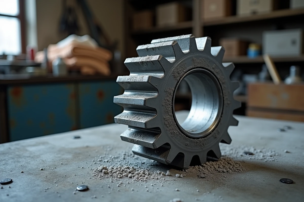 Gros plan sur la texture de surface d'un engrenage métallique après traitement par grenaillage industriel