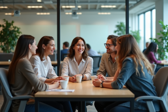 Groupe de collègues divers dans un bureau moderne en réunion