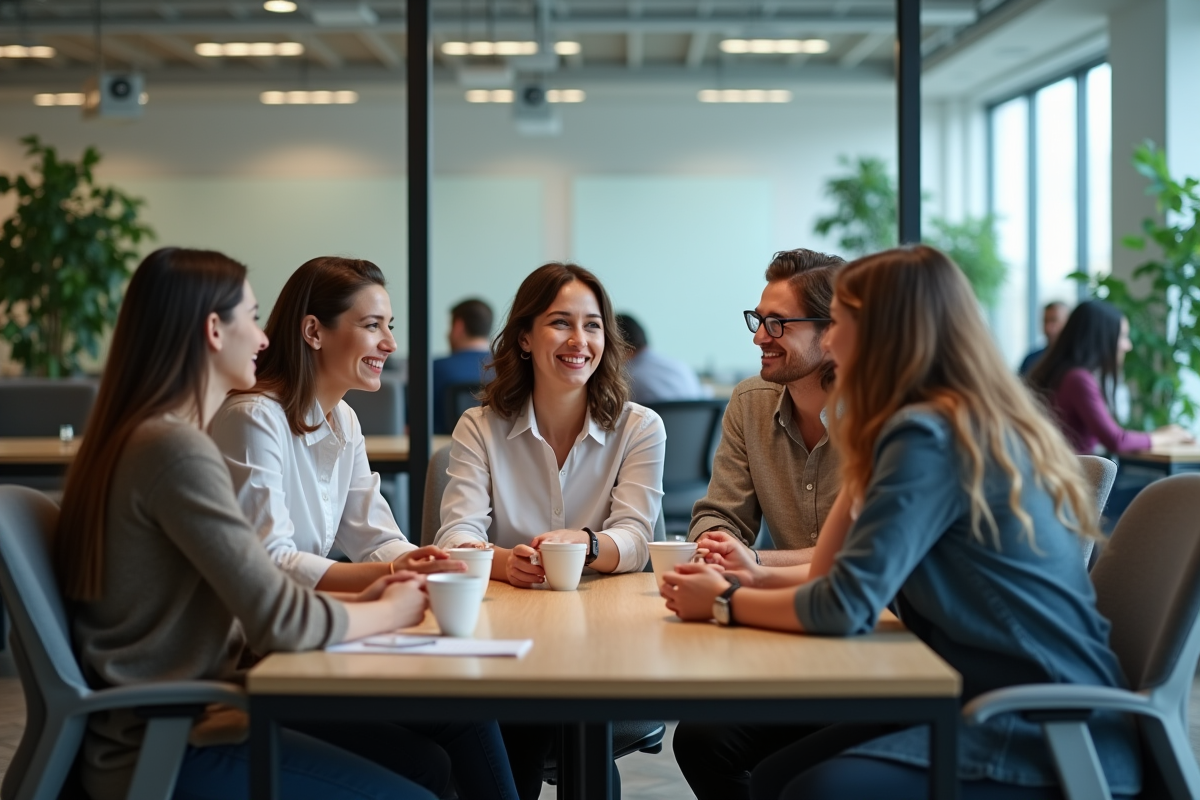 Groupe de collègues divers dans un bureau moderne en réunion