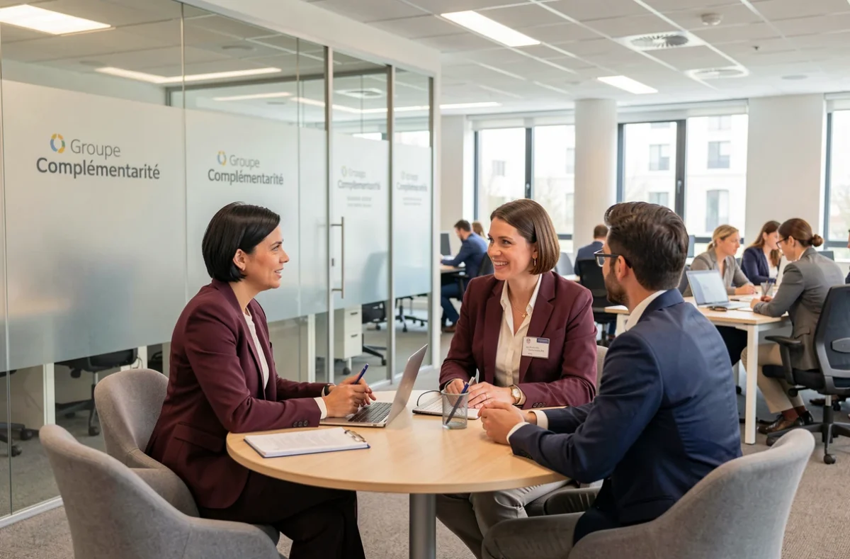 Consultante RH du Groupe Complémentarité Cergy en réunion avec deux candidats autour d'une table dans un bureau moderne